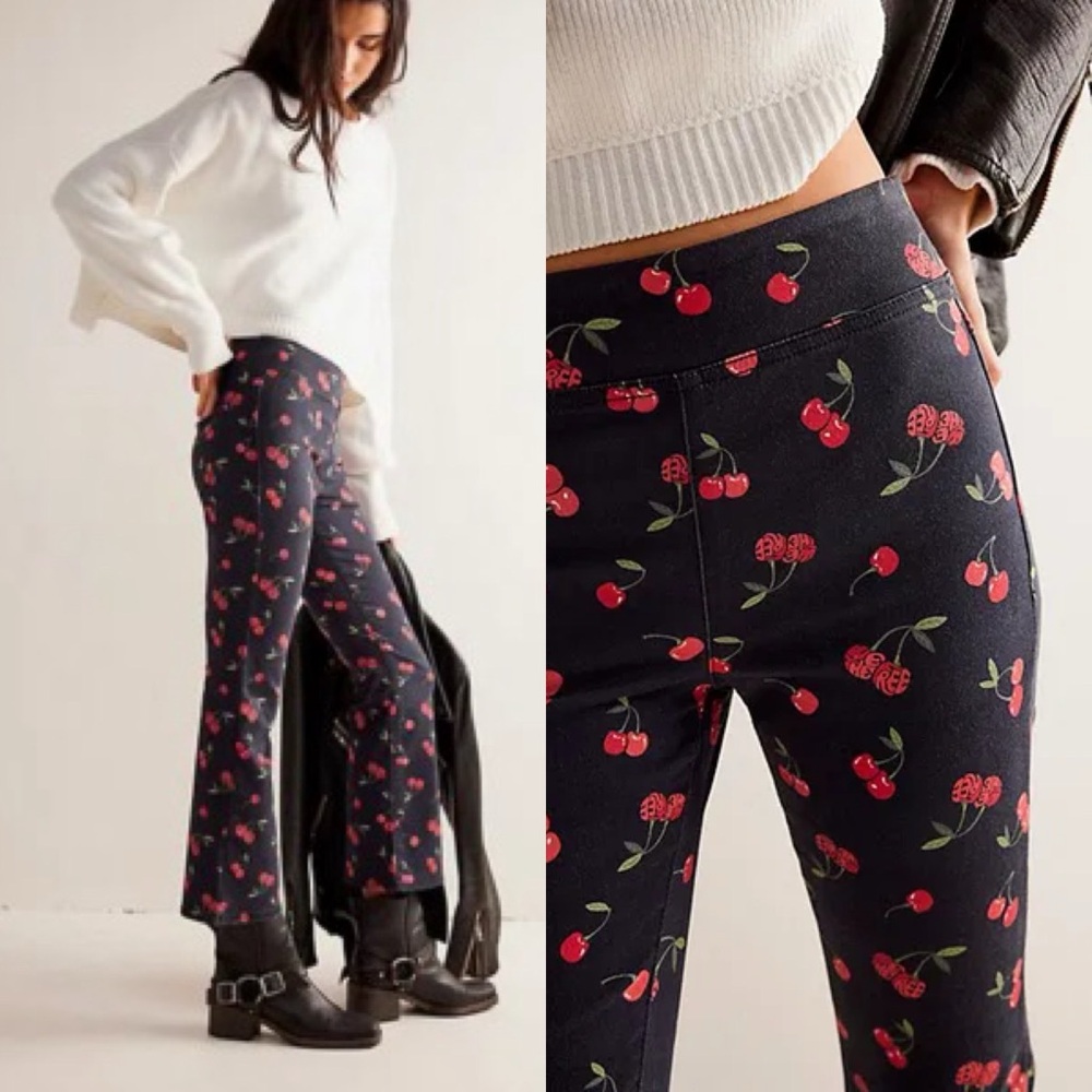 Free People / NWT Cherry Fruit Print Flare Crop Pants in Black - Picture 5 of 9